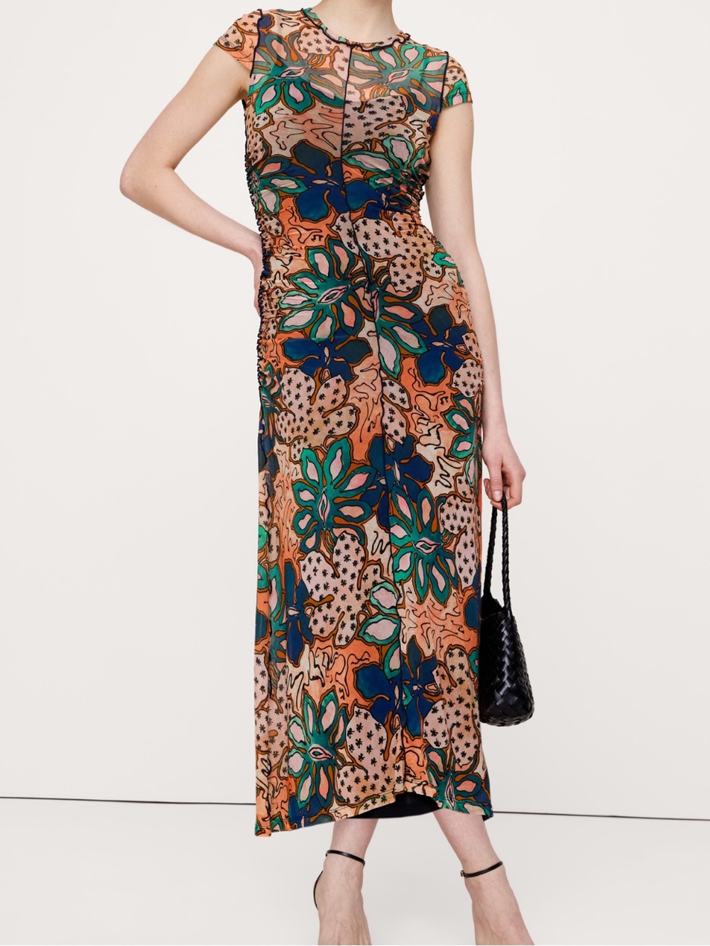 Ruched Mesh Short Sleeve MIDI Dress
